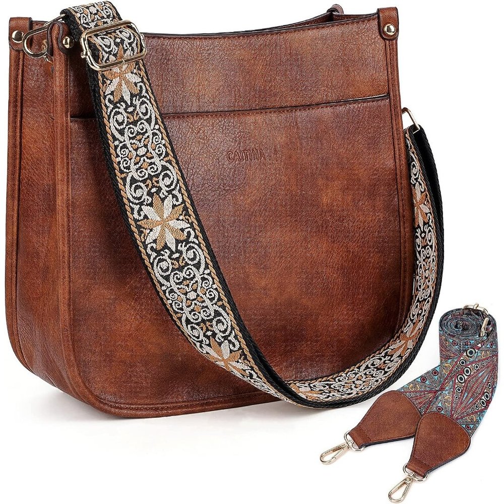Women Leather Brown Hobo Trendy Crossbody Handbag  with 2 Adjustable Str…